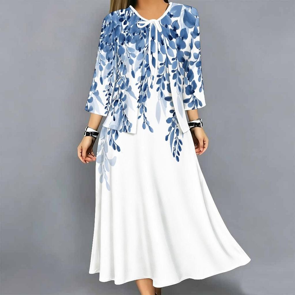 Oversized Ladies Two Piece Set Printed Slip Dress With Long Sleeve Open Front Cardigan