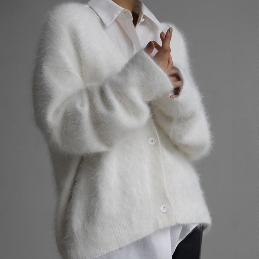 Lazy wind knitted cardigan women's European, American autumn and winter fashion v-neck loose imitation mink sweater jacket knitted sweater