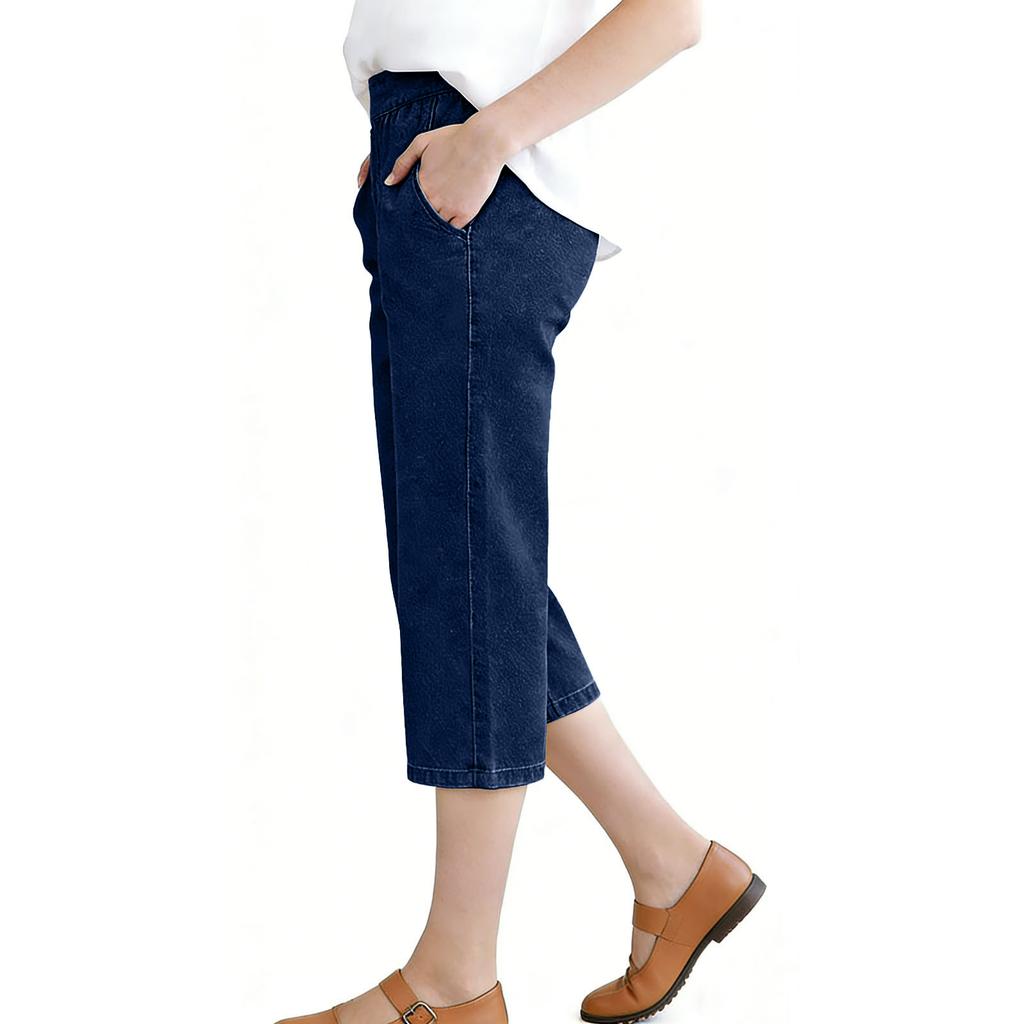 Women’s Mid Rise Elastic Waistband Denim Capris with Pockets Loose Fit Cropped Jeans for Everyday Wear