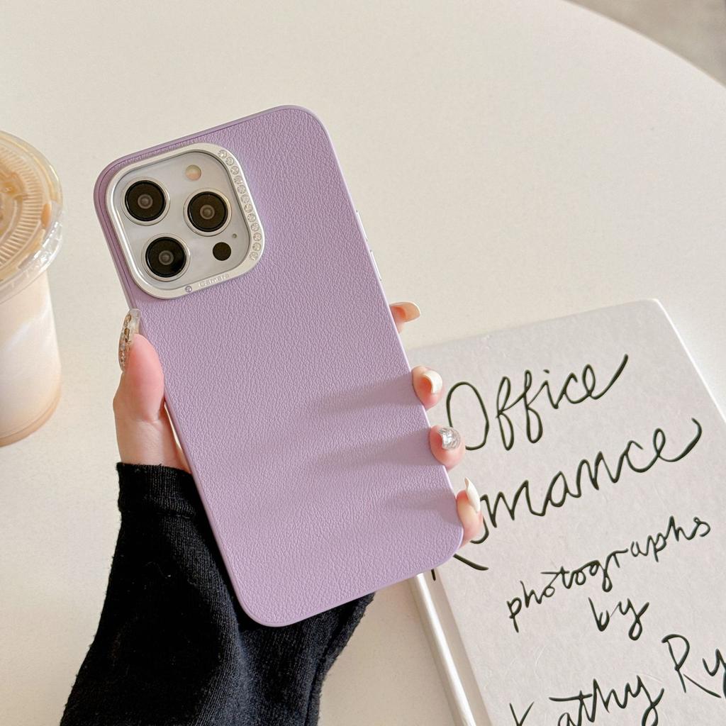 Suitable for IPhone16promax, Plain Leather Phone Case, Apple 15, Metal Diamond Lens Ring