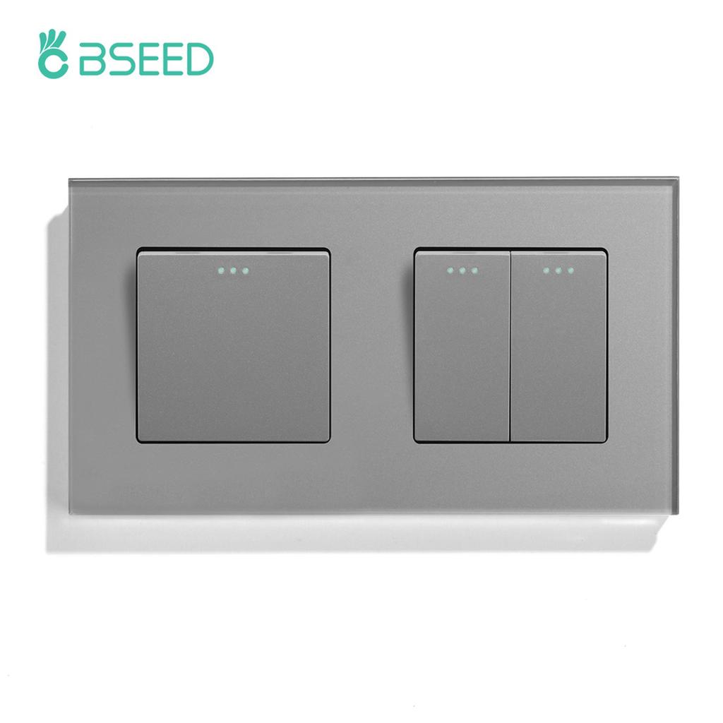 BSEED Double 1/2/3Gang Wall Light Switches 1Way Mechanical Button Switch On Off Glass Panel EU Standard 157mm
