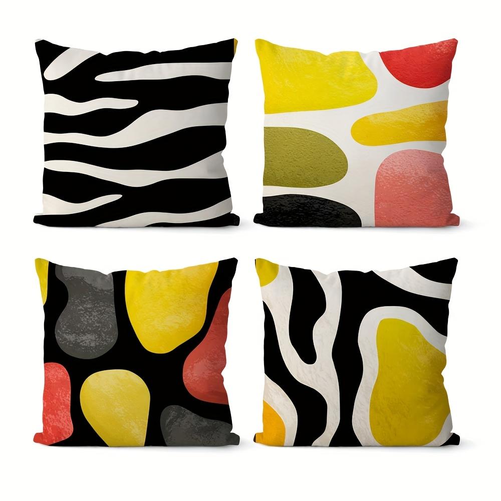 Double-Sided Printed Throw Pillow Covers, Black White Wave & Yellow Red Organic Shape Print Cushion Cases, Bold Aesthetic Decor