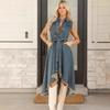 Women's Sleeveless Denim Dress, Lapel, Button Front, Waist Tie, Frayed Hem