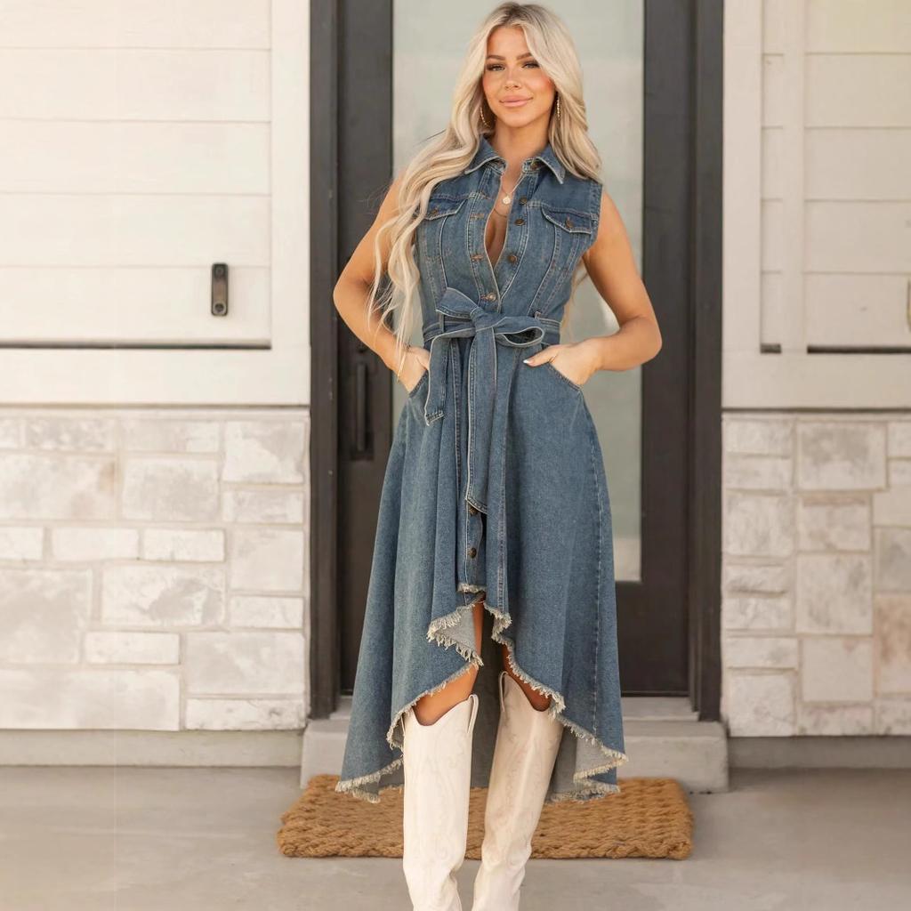 Women's Sleeveless Denim Dress, Lapel, Button Front, Waist Tie, Frayed Hem