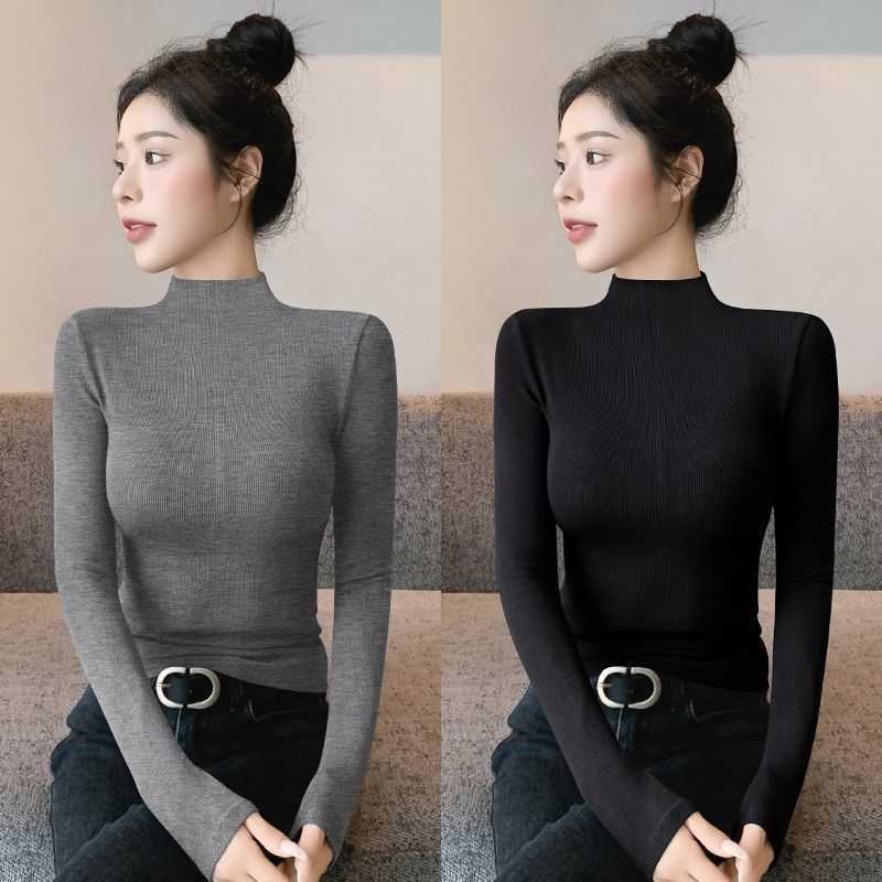 Semi High Neck Base Layer Women Autumn Winter Ribbed Premium Slim Thin Knit Black Top