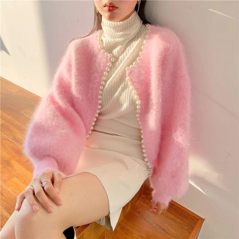 Herbst Winter Mode Damen Perlenstrick Laternenärmel Nerzfleece Pullover Cardigan Jacke Damen Oberbekleidung