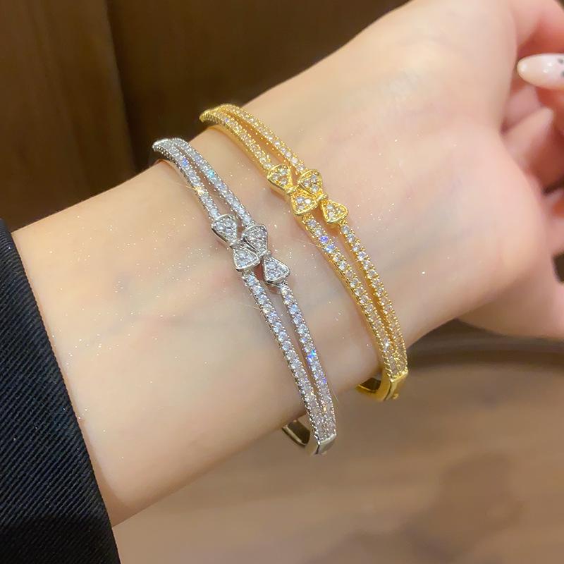 18K Gold Plated Zircon Bow Double Layer Bracelet - Korean Style Versatile Bangle with High-End Niche Design
