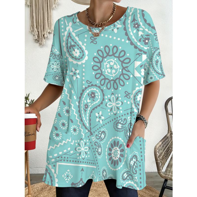 Damen-T-Shirt in Übergröße mit Paisleymuster und Taschendesign, geeignet für den täglichen Weg zur Arbeit, das Campusleben, den Strandurlaub und ein tolles Geschenk