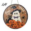 Seasonal Window Display Sign Halloween Boo Wood Door Hanger with Cute Ghost Black Hat Pumpkin Print Front Decorative Craft Gift Porch Wall