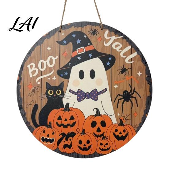Seasonal Window Display Sign Halloween Boo Wood Door Hanger with Cute Ghost Black Hat Pumpkin Print Front Decorative Craft Gift Porch Wall A