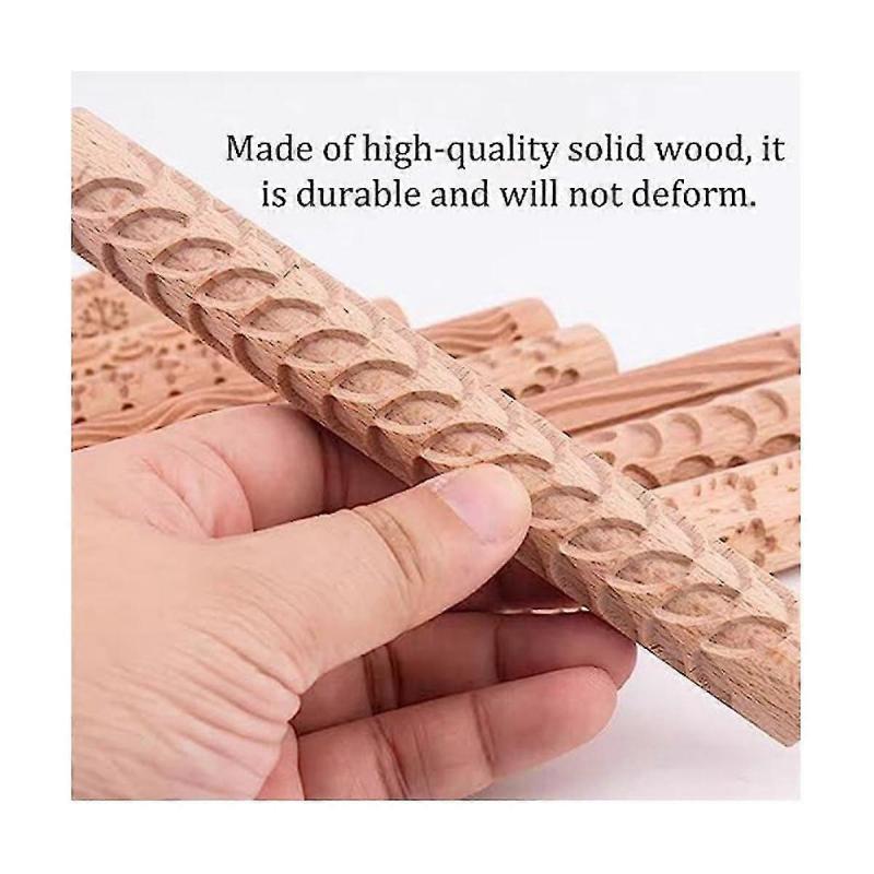 6 Wood Clay Modeling Pattern Rollers Kit, Clay Rolling Pin Textured Hand Roller Wooden Handle Pottery Tools Set