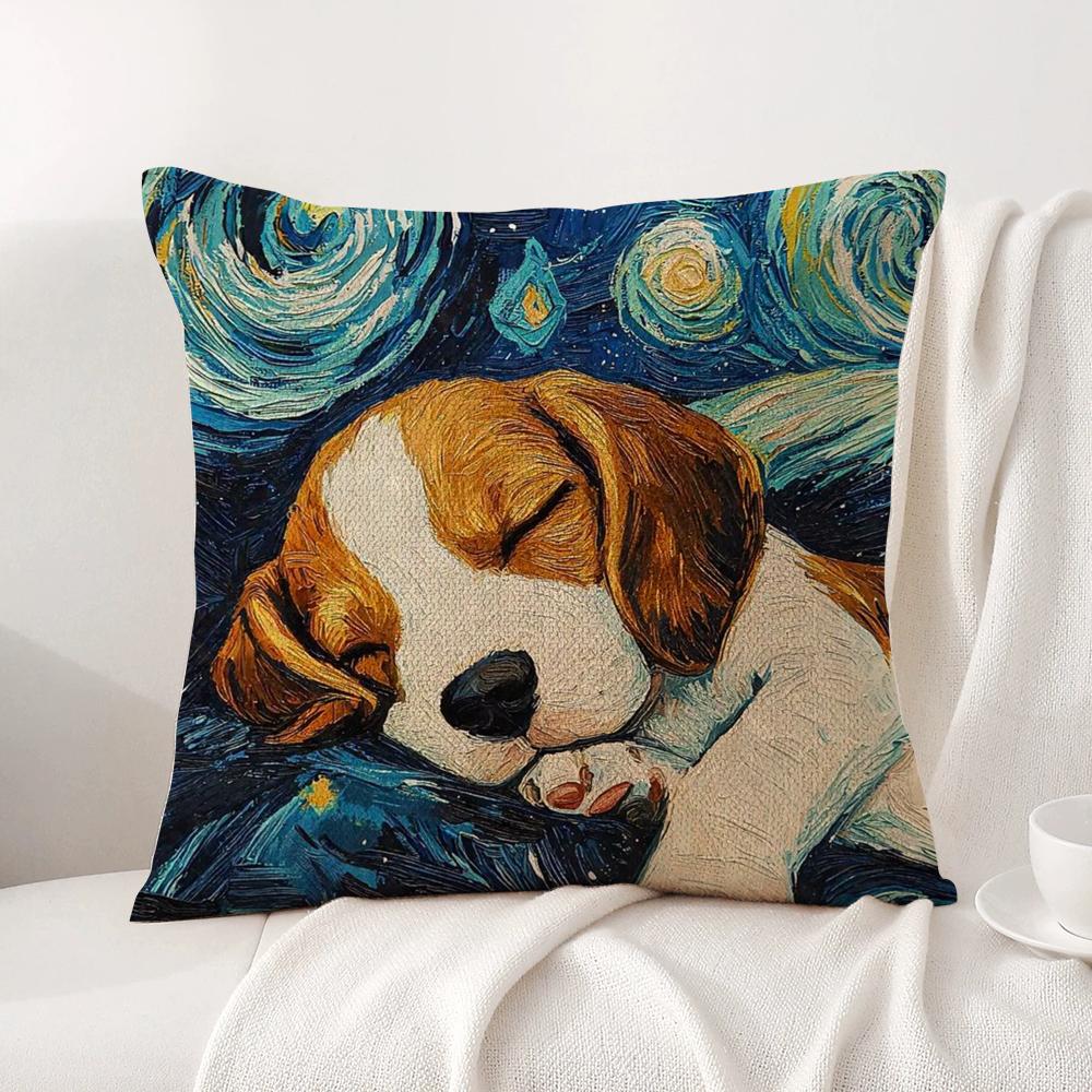 Catoon Starry Sky Dog Cushion Cover Natural Linen Organic Fabric DoubleSided Printing Sofa Home Decor Breathable Bed Pillow