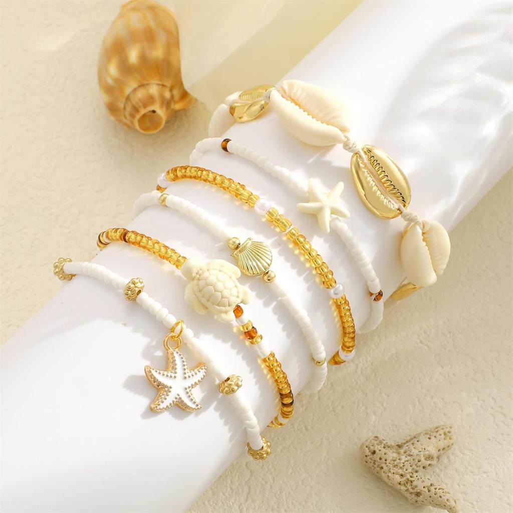 Beach Ocean Style Turquoise Starfish Turtle Braided Cord Seed Bead Anklet for Women Summer Vacation Bohemian Foot Jewelry