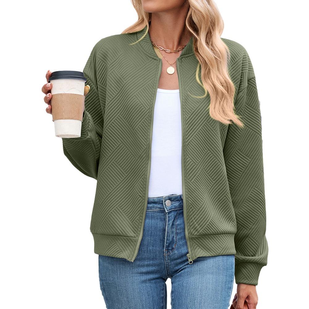 Women's Long-Sleeve Jacket Fall/Winter Solid Color Crew Neck Zipper Loose-Fit Long-Sleeve Sweatshirt Women's Baseball Jacket