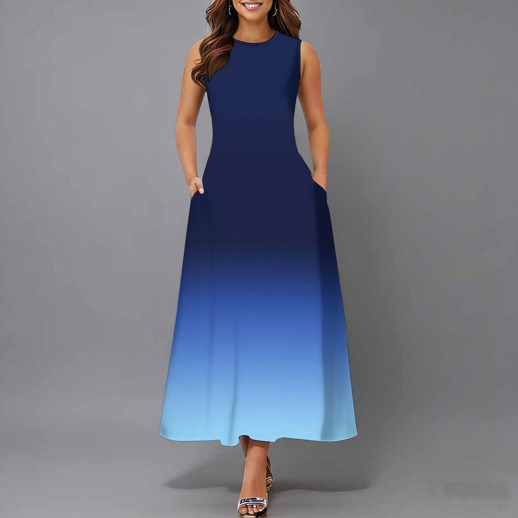 Women Plus Size Sleeveless Crew Neck Dress Charming Ditsy Floral Loose Mid Length Gown