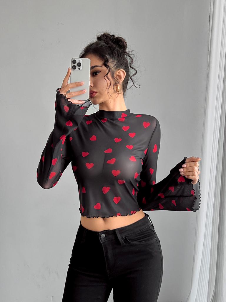 New Women's Chiffon Printed Crew Neck Bell Sleeve Long Sleeve T-Shirt