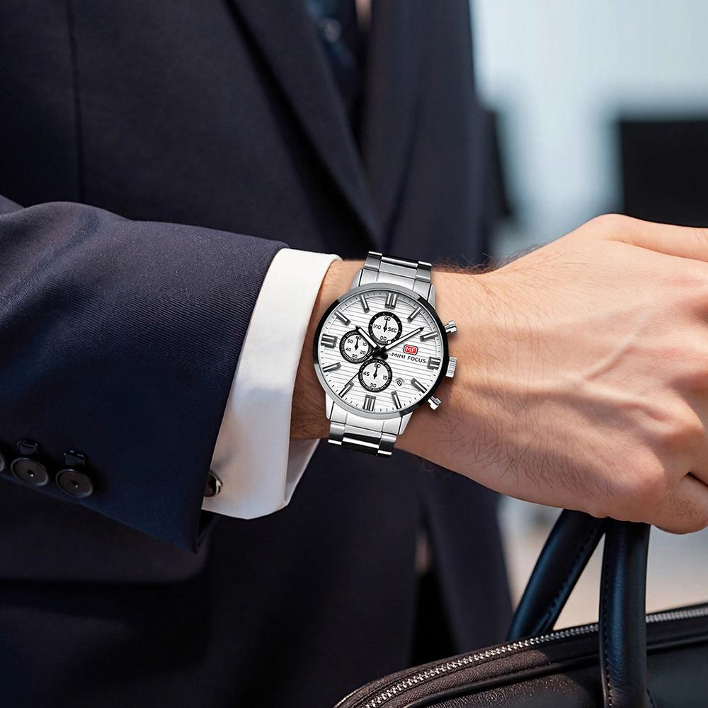Luxury Men Quartz Watch Chronograph 24H Display Calendar Date Luminous Pointer Stainless Steel Strap Wristwatch