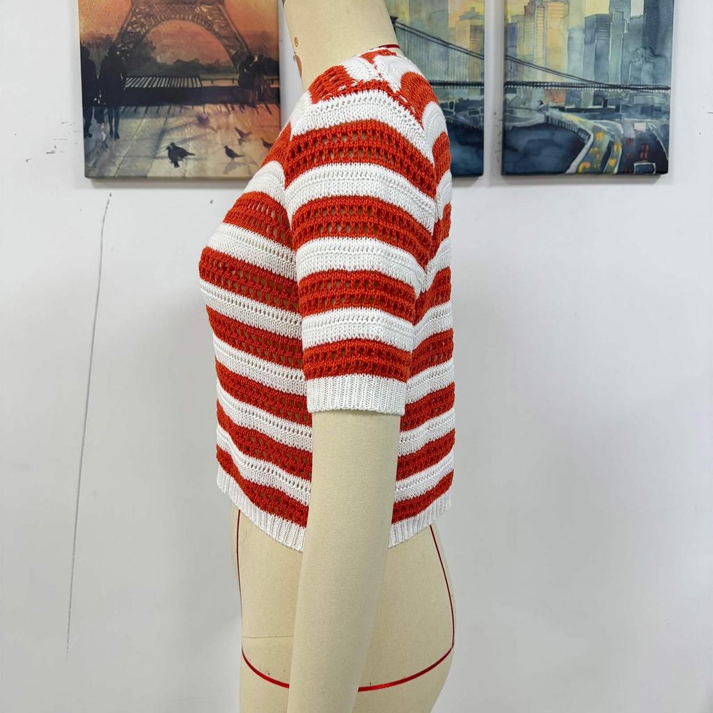 Women's Fashion Button Spliced Pullover Striped Round Neck Short Sleeve Sweater Top