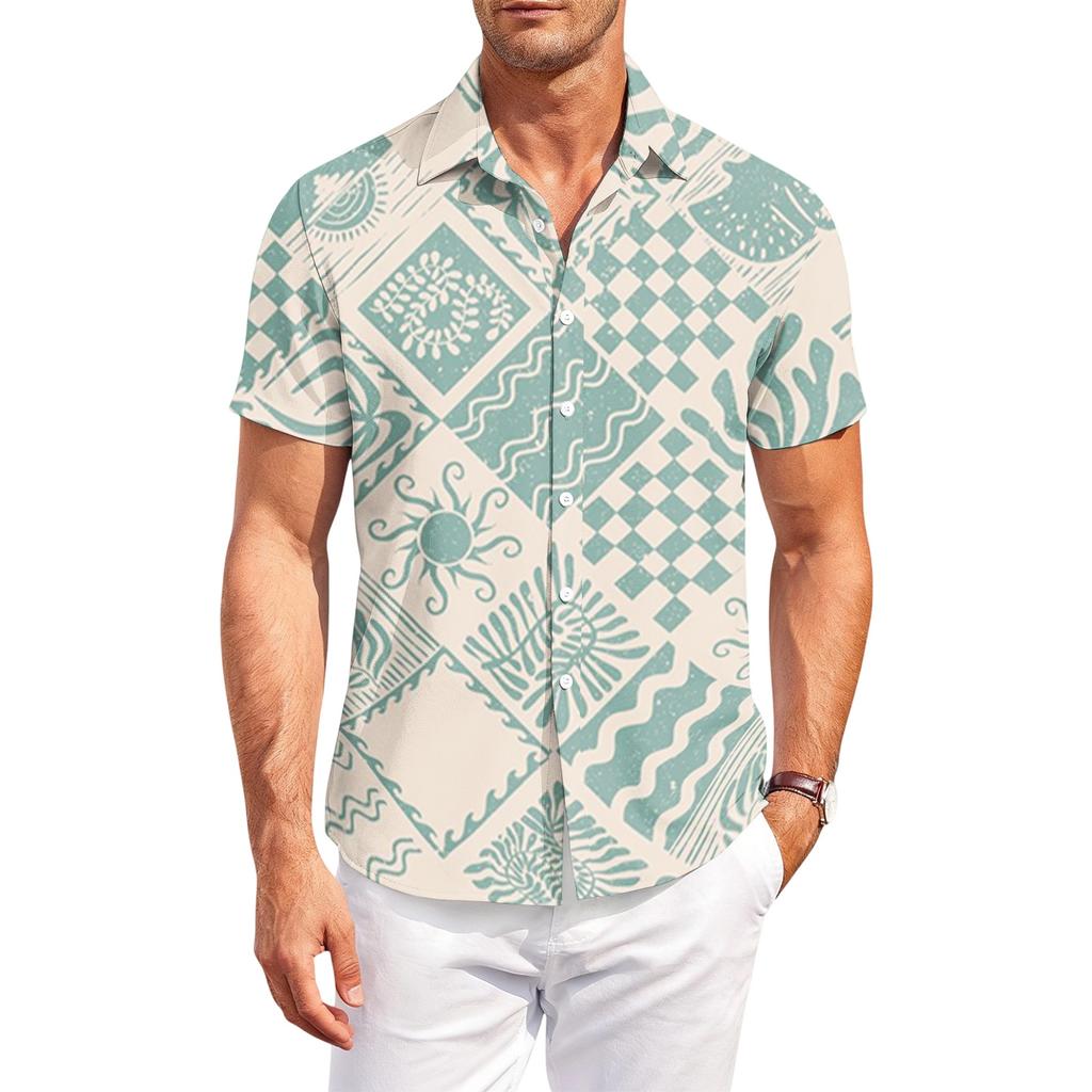 Men’s Hawaiian Print Casual Outdoor Short Sleeve Shirt with Turn Down Collar Relaxed Fit Suitable for Summer Activities