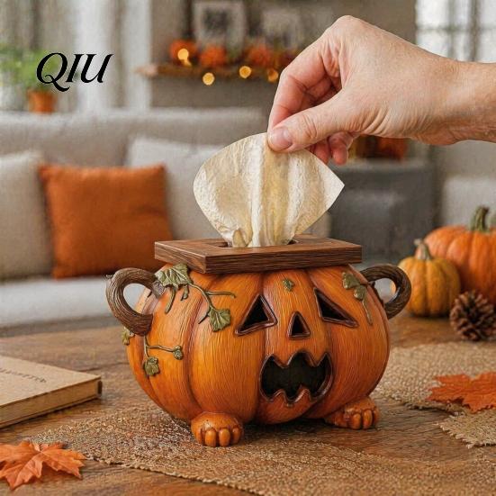 Funktionale Feiertagsdekoration Halloween Kürbis Taschentuchbox, Harz Dekorativer Gesichtsspender, Herbstthemed Home Accents Kreativer Papierhandtuchhalter