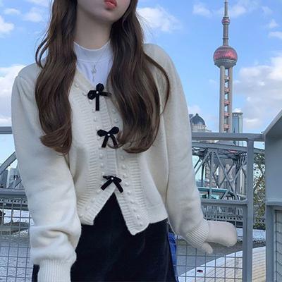 Süße und sanfte Wind Bogen Pullover Strickjacke Frauen Mantel Herbst Koreanische Lose Langarm Solide Stricken Pullover Strickjacke Weibliche Tops