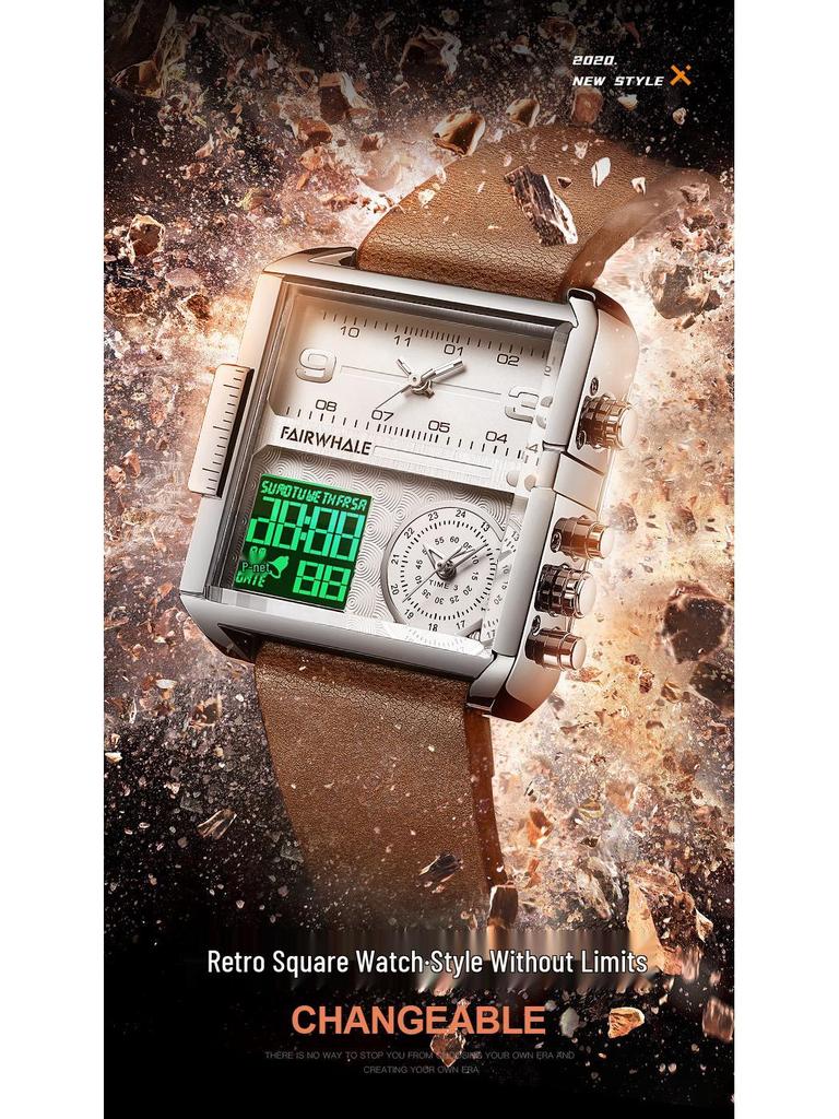 Mark Fairwhale Men's Geometric Retro Square Watch with Genuine Leather and Alloy