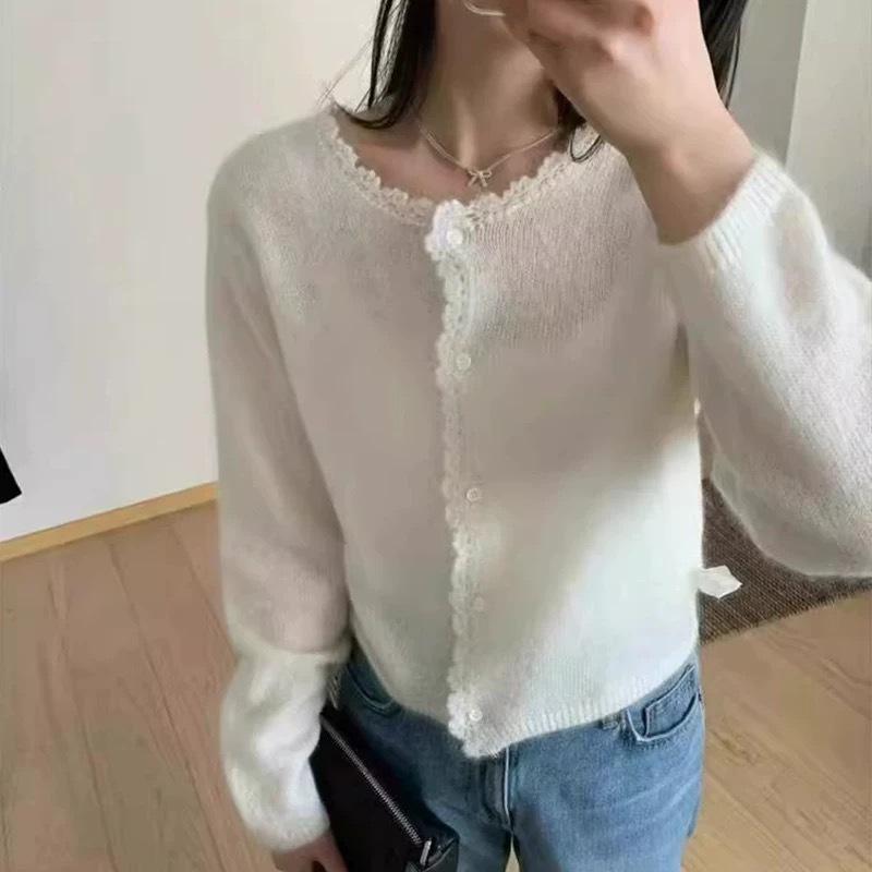 Early autumn new thin soft waxy knitted cardigan simple versatile and thin solid color sweater jacket women