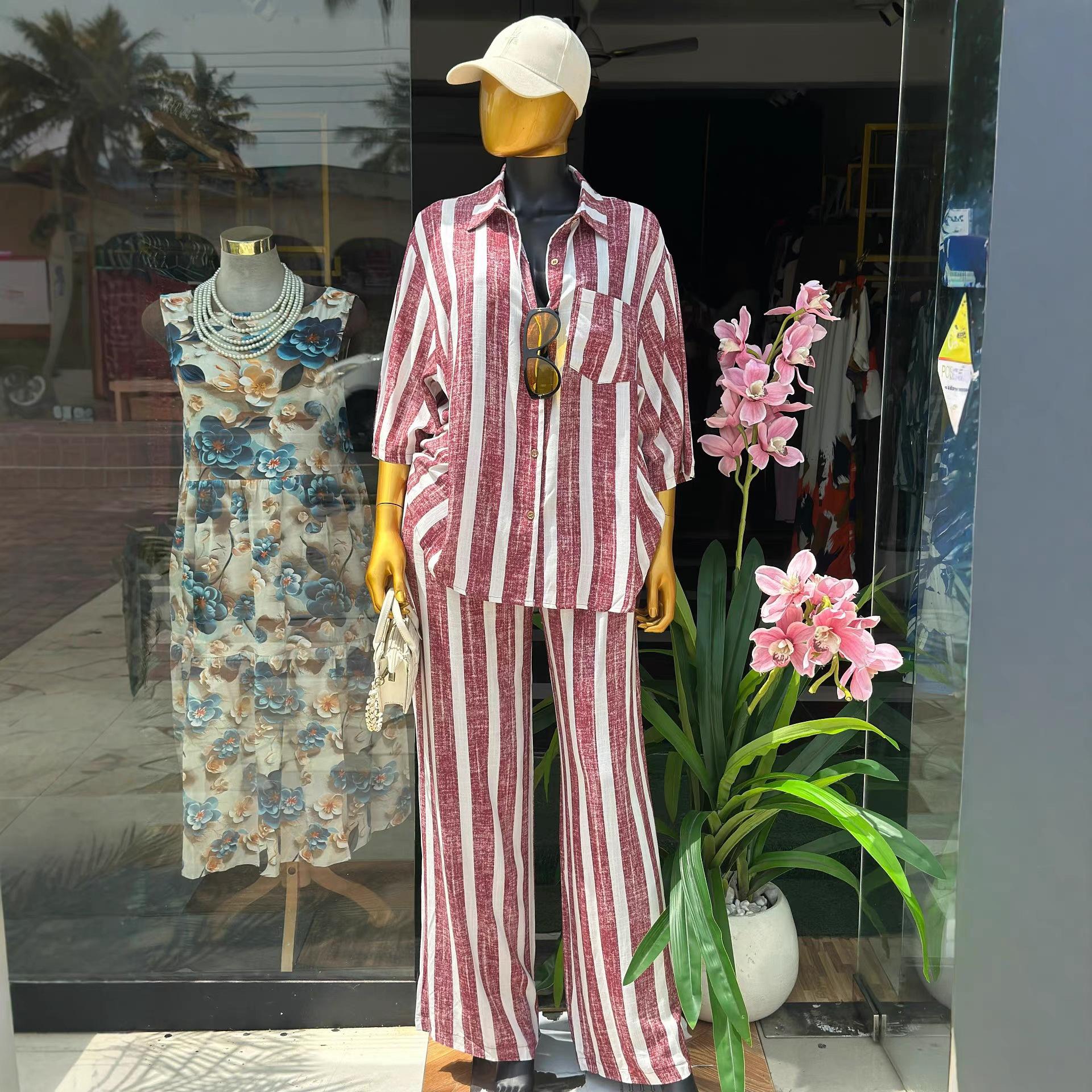 Women s 2026 Summer New Fashionable Loose Striped Shirt with Turn-down Collar and High-Waisted Pants Casual Set S