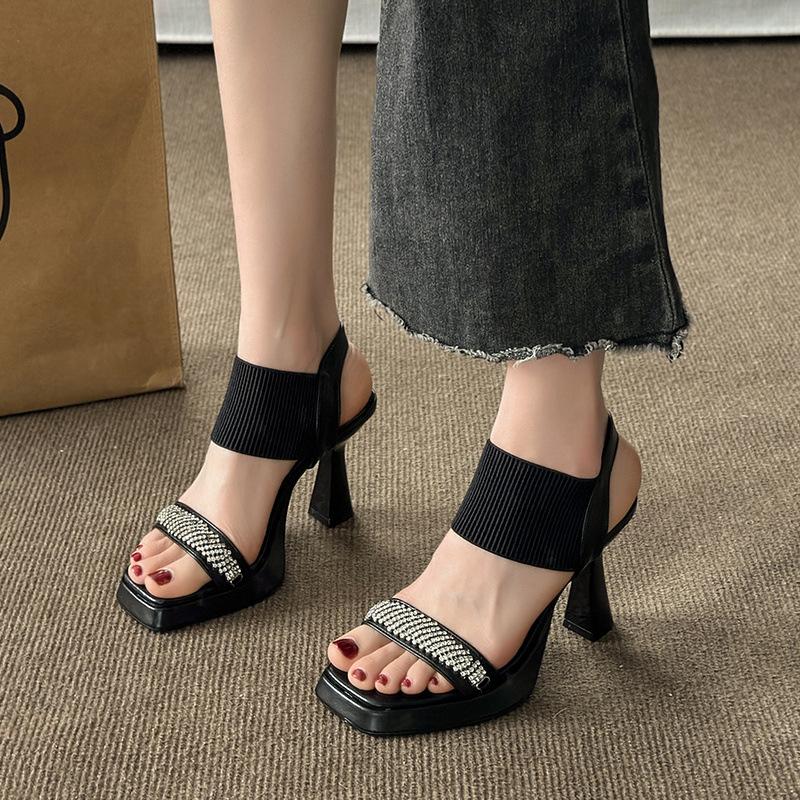 Women Fashion Sexy Chunky Square Toe Platform Pumps Sandals Women Summer New Elastic Rhinestone Platform Party Sandalias Mujer
