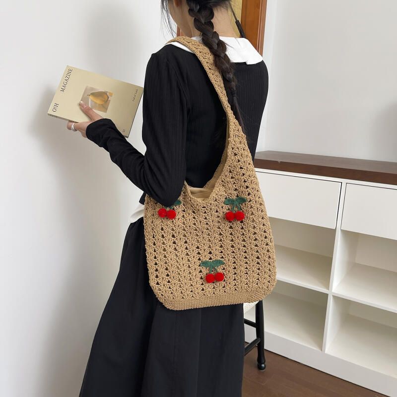 Charming Crochet Tote Bag with Cherry Embellishments – Handmade Summer Beach Bag for Women