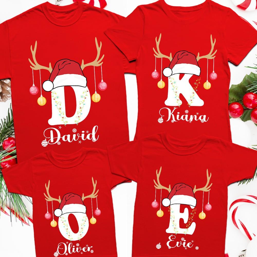 Personalized Christmas TShirt With Lights Antlers Santa Hat Family Holiday Tee S