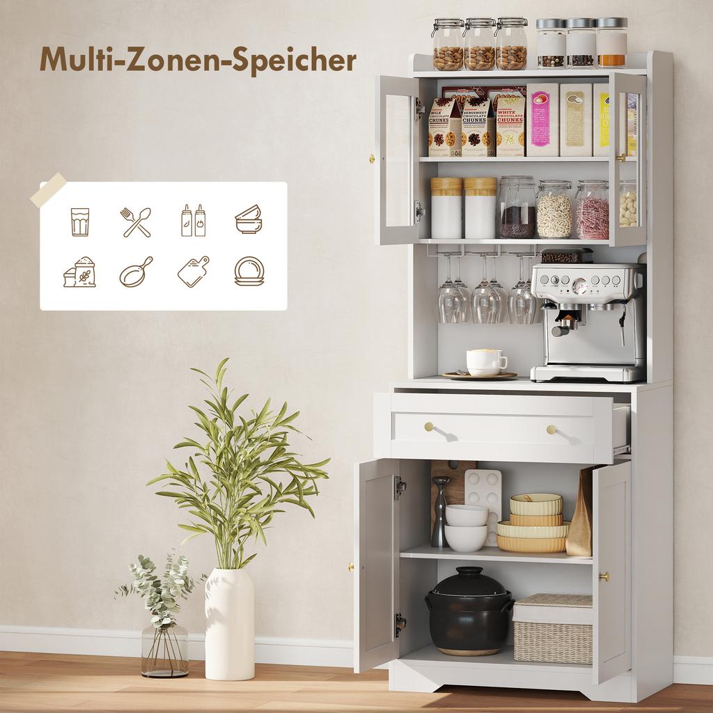 Kitchen Cabinet with Worktop, Wine Glass Holder, Storage Cabinet for Kitchen, Dining Room, 170 Cm, MDF, Glass, White