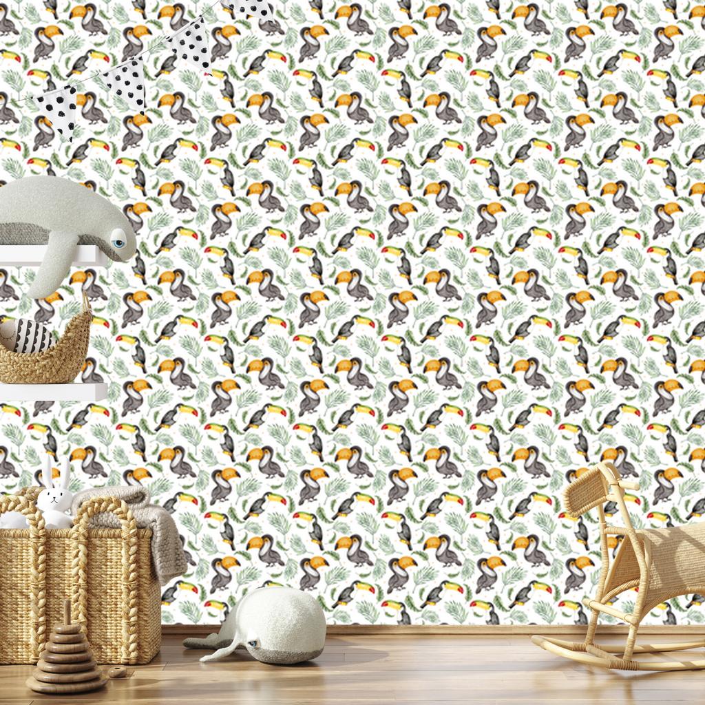 Toucans Wallpaper White and Light Gray for Living Room and Bedroom 50x1000