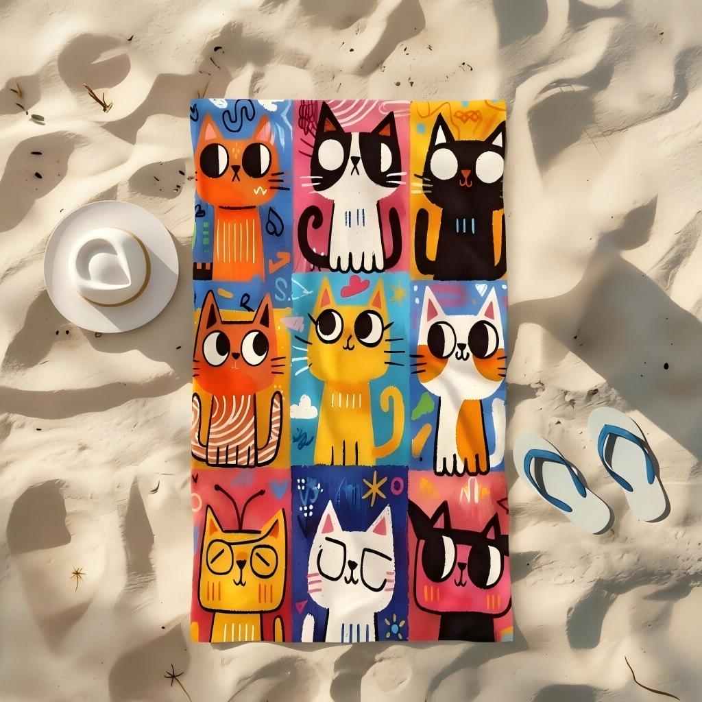 1Pc Nine Grid Cute Cat Print Large Beach Towel Sand Free Quick Dry Soft Towel For Beach Pool Yoga Gym Sports Home Daily Leisure