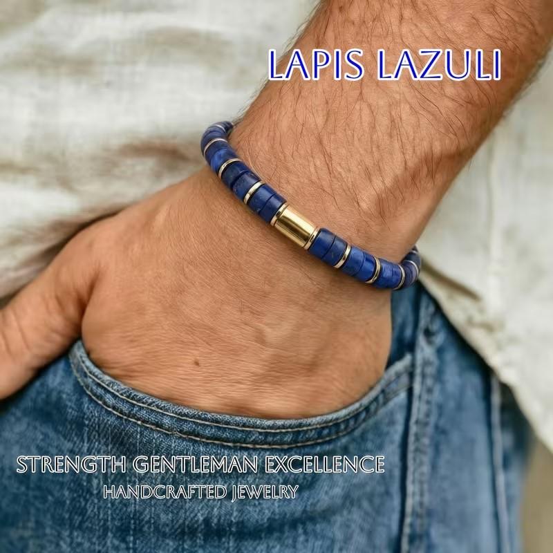 Natural Lapis Lazuli Bead Inlays Bracelet for Women Men Symbolizing Strength and Success Stretch Jewelry Gifts
