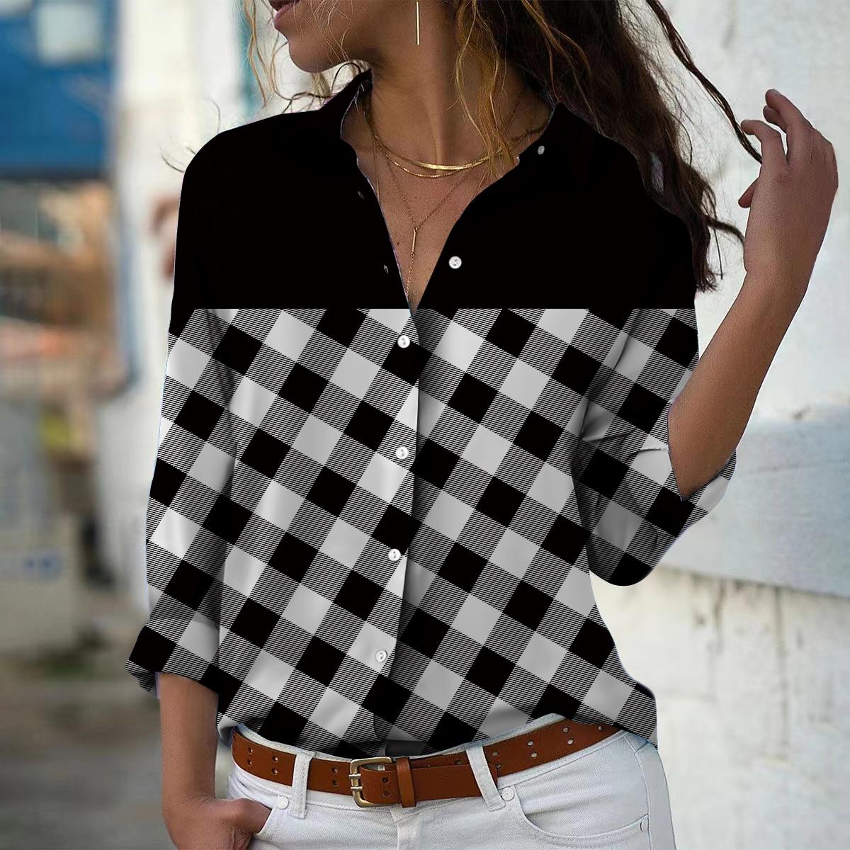 

Женская блузка с принтом в мелкую клетку, весна-осень, женская, офисная, на пуговицах, с отложным воротником 8XL белый