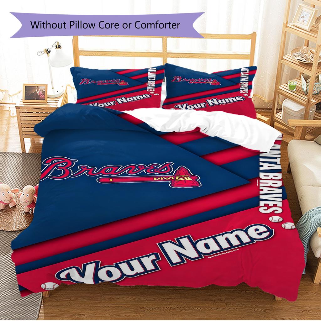 Name Custom Atlanta Braves Pattern Bedding Set Quilt Cover Pillowcase Home Decor Gift (1 * Duvet Cover + 2 * Pillowcase, Without Core)