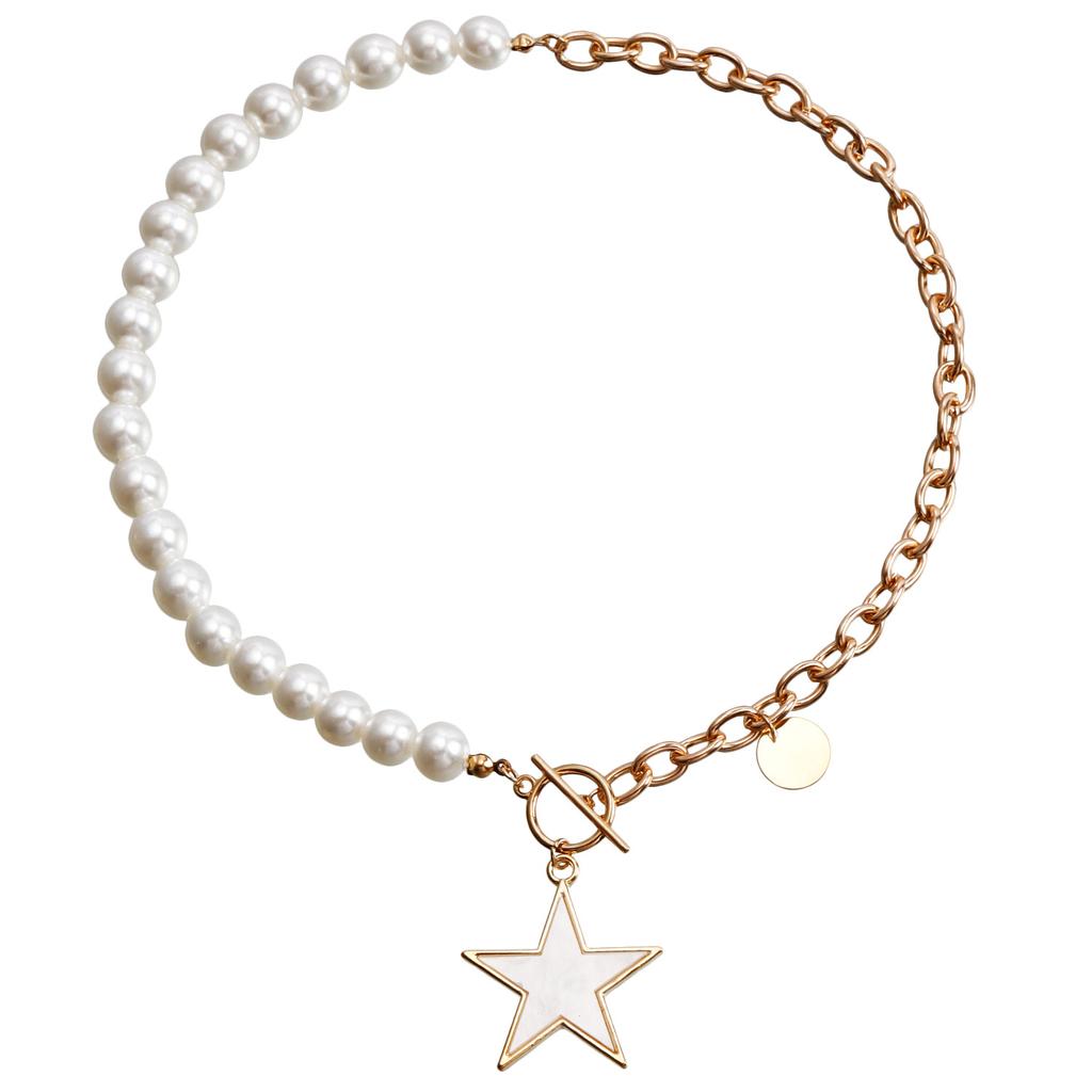 Foreign Trade Jewelry, Fashionable Imitation Pearl Splicing Chain Necklace, White Imitation Fritillary Pentagram Sweater Chain