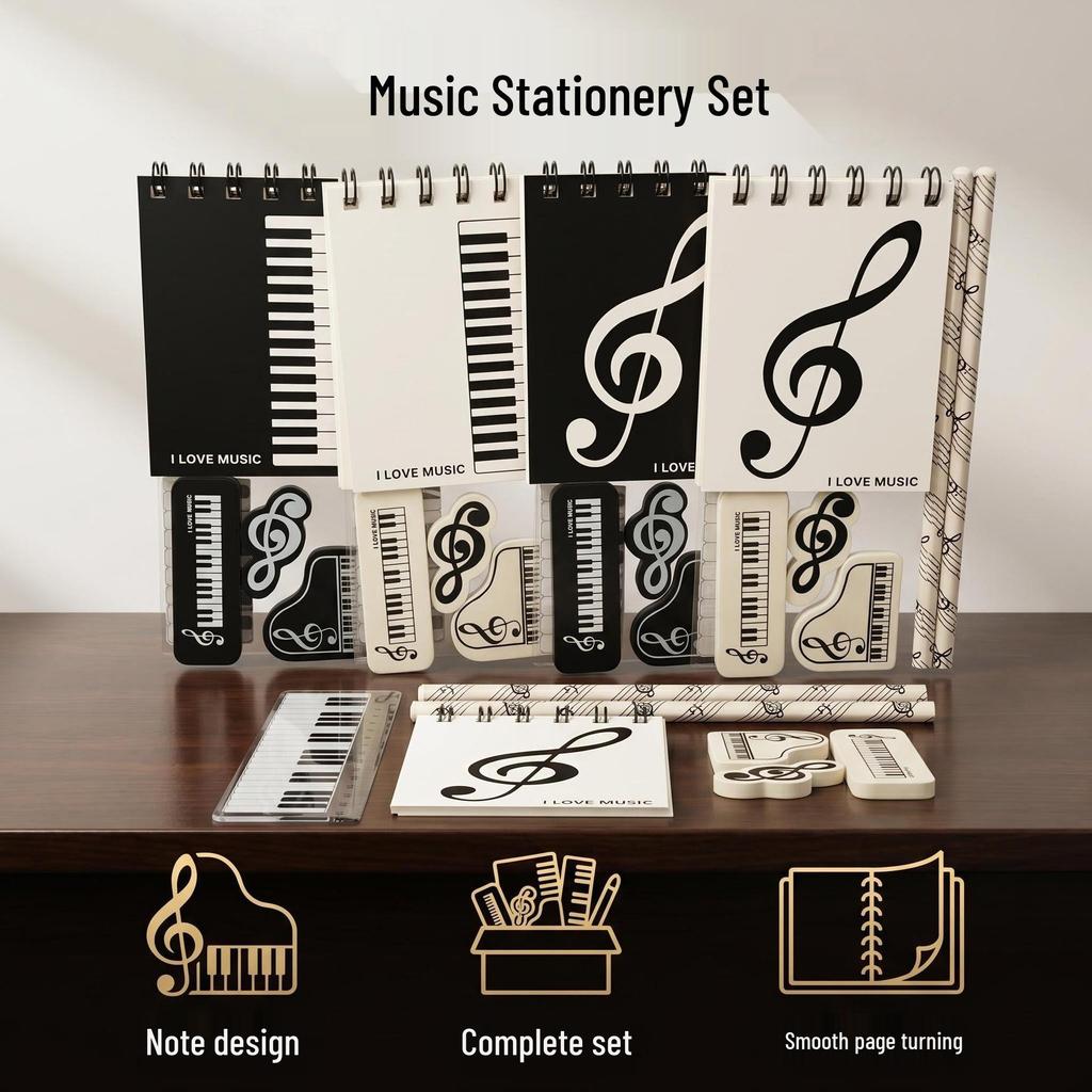 Music Note Pattern Student Stationery: Wooden Pencil and Eraser Set for Children