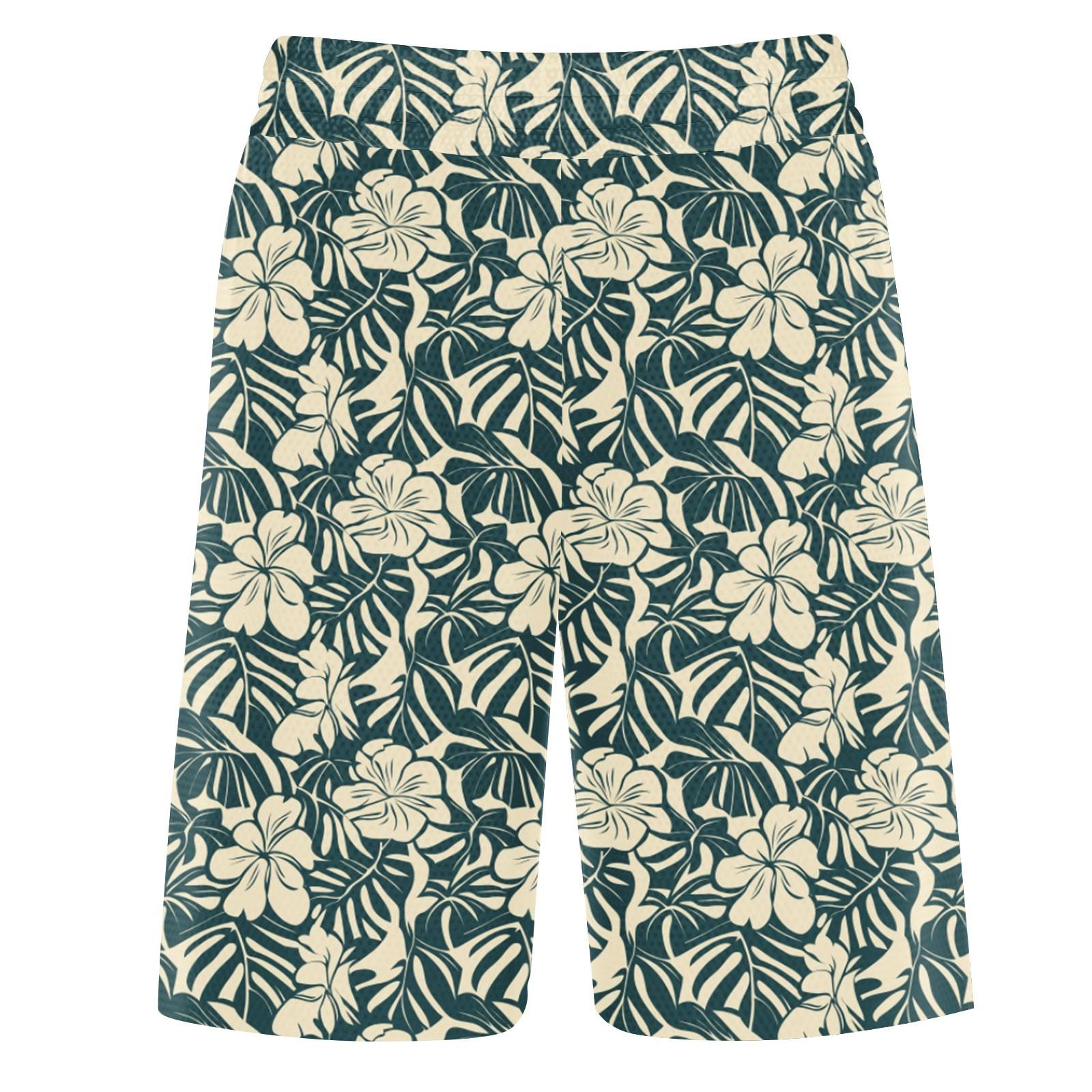 

Mens Relaxed Fit Floral Print Bermuda Shorts with Elastic Waistband and Tropical Leaf Pattern for Casual Wear M
