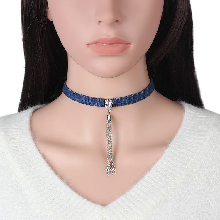Vintage Denim Zircon Tassel Choker, Simple Retro Denim Neck Pendant Necklace