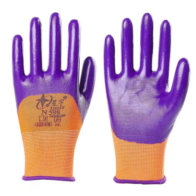 Xingyu N598 Wear-Resistant Nitrile Gloves: Oil-Proof, Slip-Resistant, Comfortable for Labor Protection Xingyu N598 Purple Half-dipped Gloves