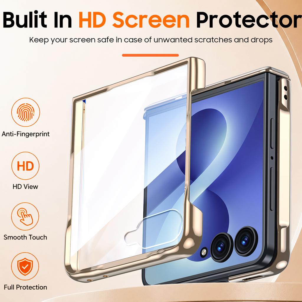 Galaxy Z Flip 8 Folding Phone Case with Hinge Protection Built-in Screen Protector and Camera Cover-Gold