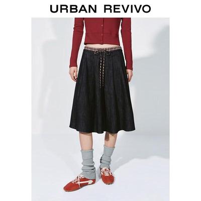 UR 2026 Spring Women's Casual Spliced Color-block Plaid Denim Skirt