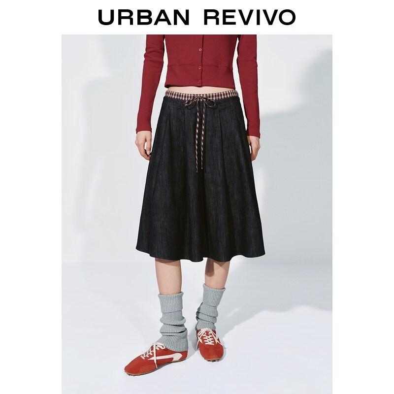 UR 2026 Spring Women s Casual Spliced Color-block Plaid Denim Skirt XXS