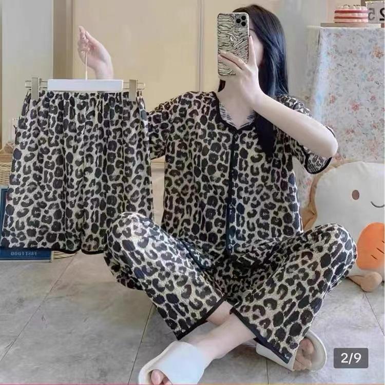 Üç Parça Set Kadın Uyku Giyim İpek Kısa Kollu Pantolon Pijama Bayan Karikatür Ayı Kiraz Yaka Hırka Seksi Gecelik