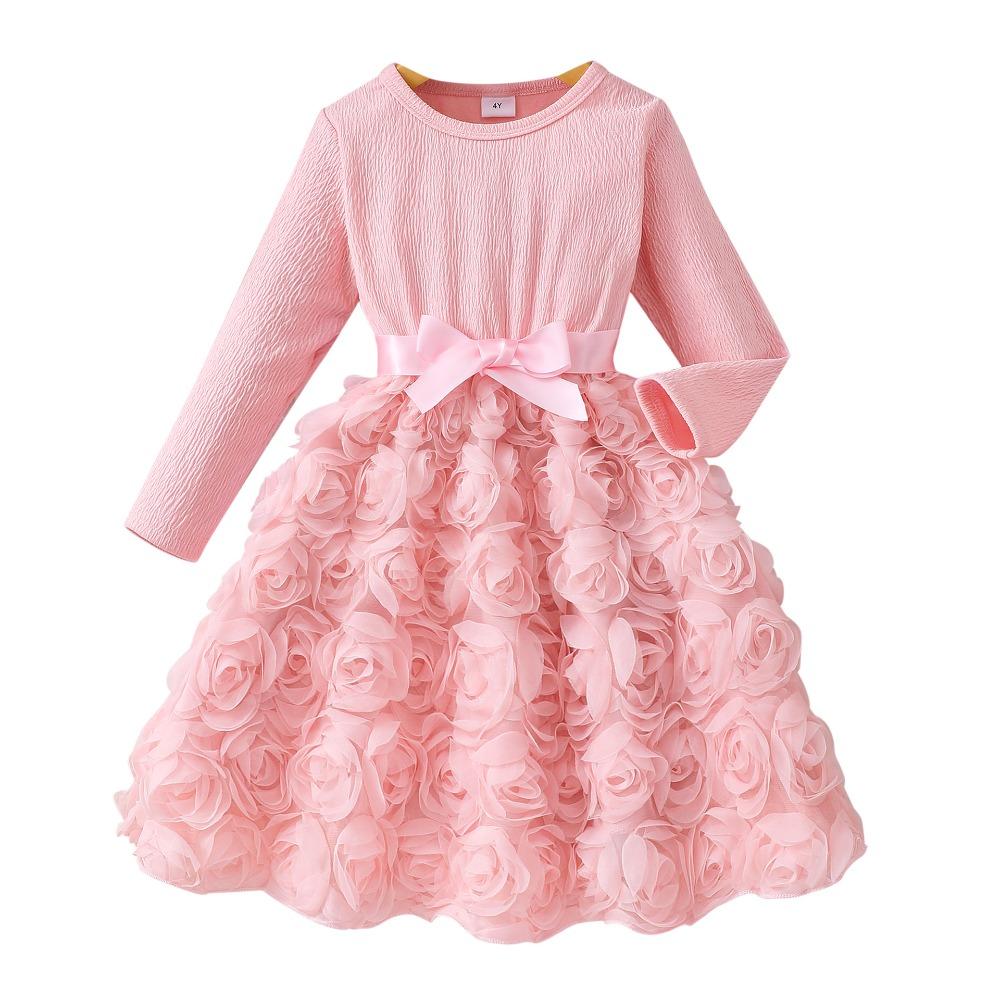 2-7Y Long-Sleeved Dress Girls Solid-Color Rose Print Dress Girls Fall/Winter Base Layer Skirt