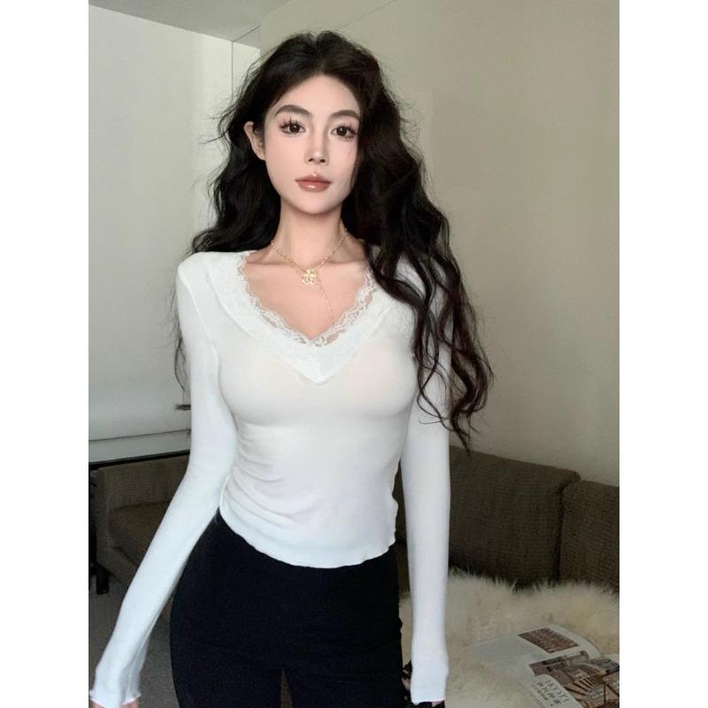 Spring Autumn V-neck Sexy Fashion Lace Patchwork Slim Tee Women Long Sleeve Slim All-match Pullover T-shirt Solid Top