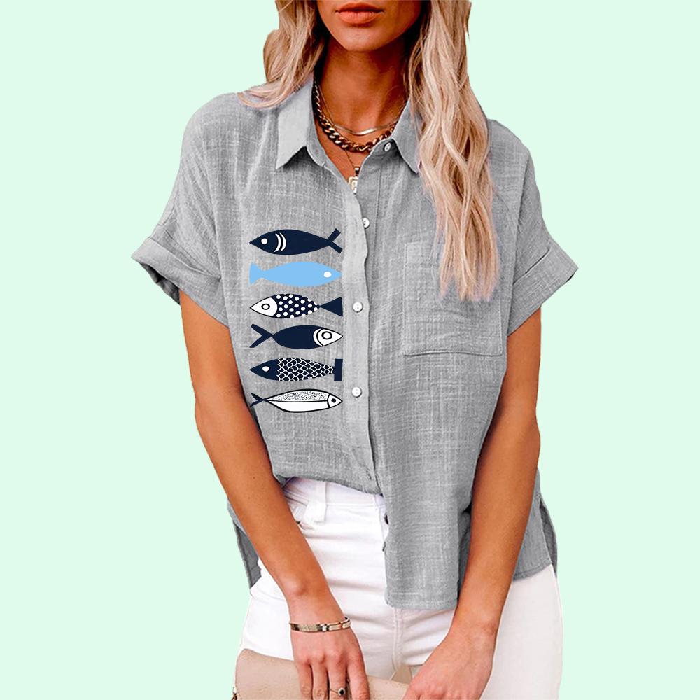 Plus Size Women Fashion Print Blouse Loose Buttoned Short Sleeve Shirt Ladies Casual Linen T-shirt Ladies