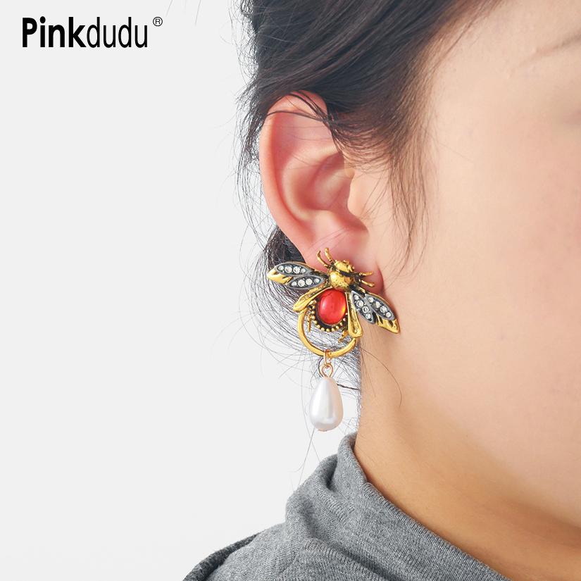 

Pinkdudu Insect Zinc Alloy Stud Earrings Vintage Plastic Drop Earring BOHO Rhinestone Jewelry PD2200 золотий